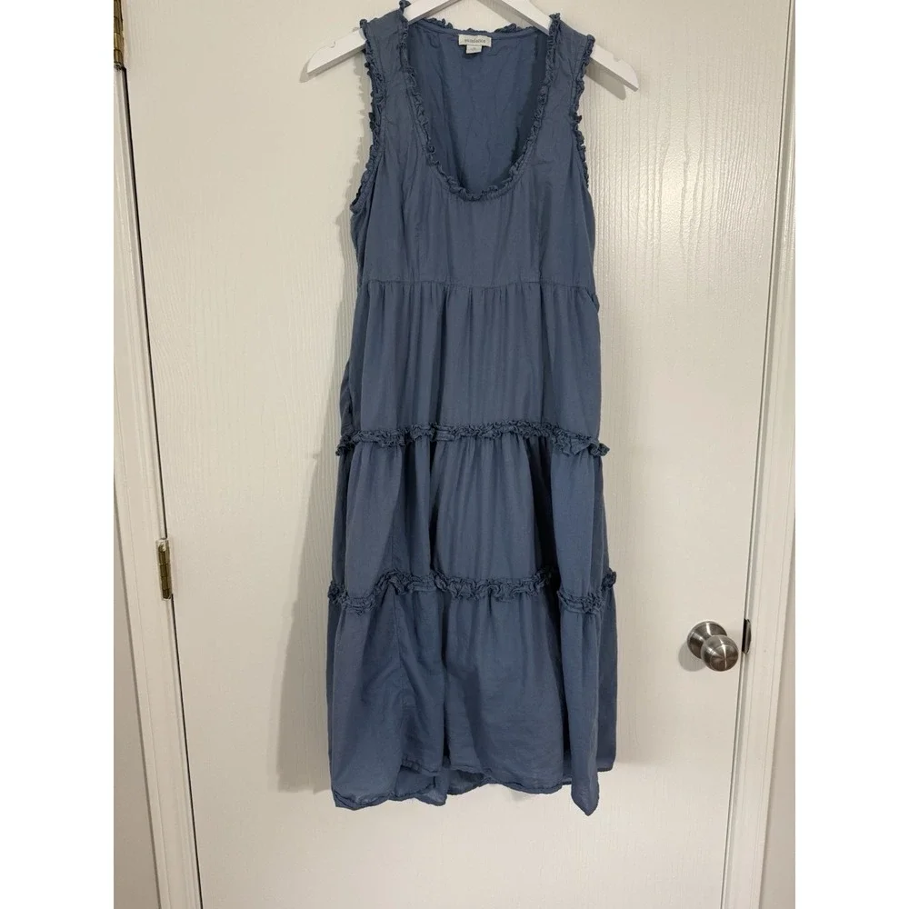 Sundance Blue Ruffle Tiered Dress Size Medium 100% Cotton Boho Cottagecore Midi - Picture 1 of 4